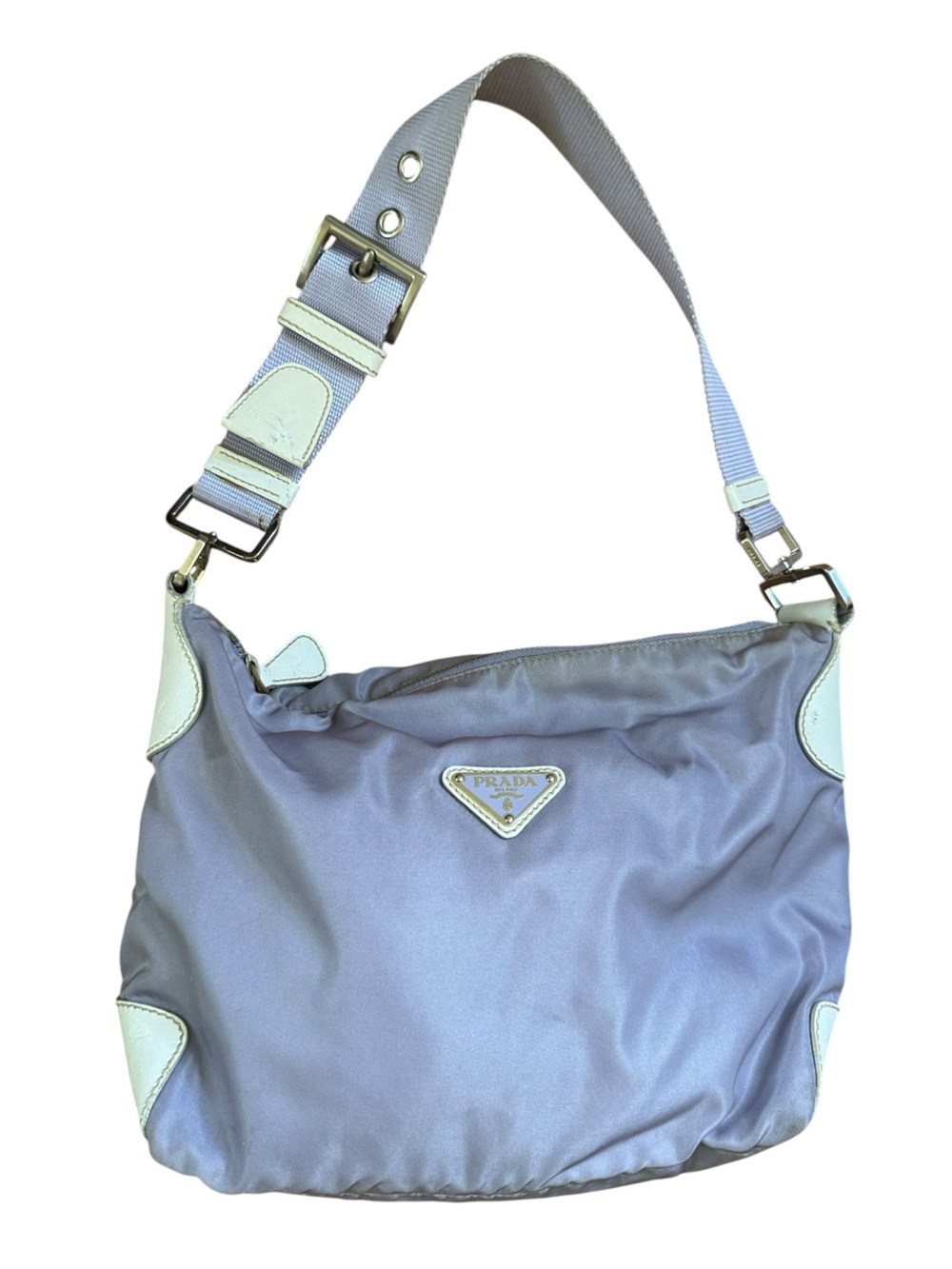 Prada Lilac Nylon Shoulder Bag with White Trim USED